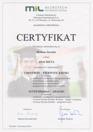 Certyfikat Crestron Pierwsze Kroki, SYSTEMBuilder Adagio - 2010