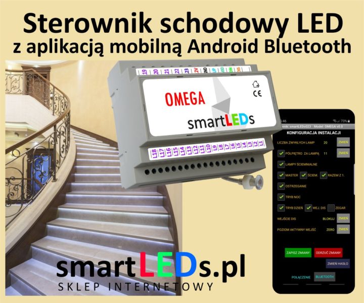 Inteligentny sterownik oświetlenia LED schodów smartLEDs OMEGA z aplikacją na smartfon tablet Android Bluetooth