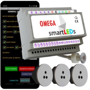 ZESTAW do sterowania oświetleniem LED schodów z półpiętrem (Sterownik schodowy LED smartLEDs OMEGA Android Bluetooth - oraz 3 schodowe czujniki ruchu)